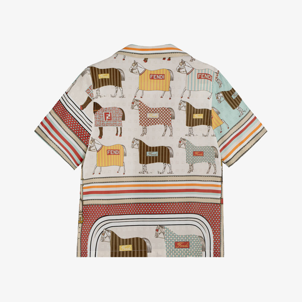Fendi-Boys Red & Beige Satin Horse Print Shirt | Childrensalon