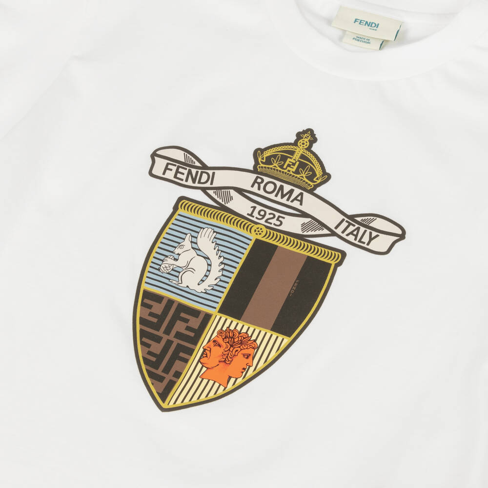 Fendi-Boys White Cotton Crest Logo T-Shirt | Childrensalon