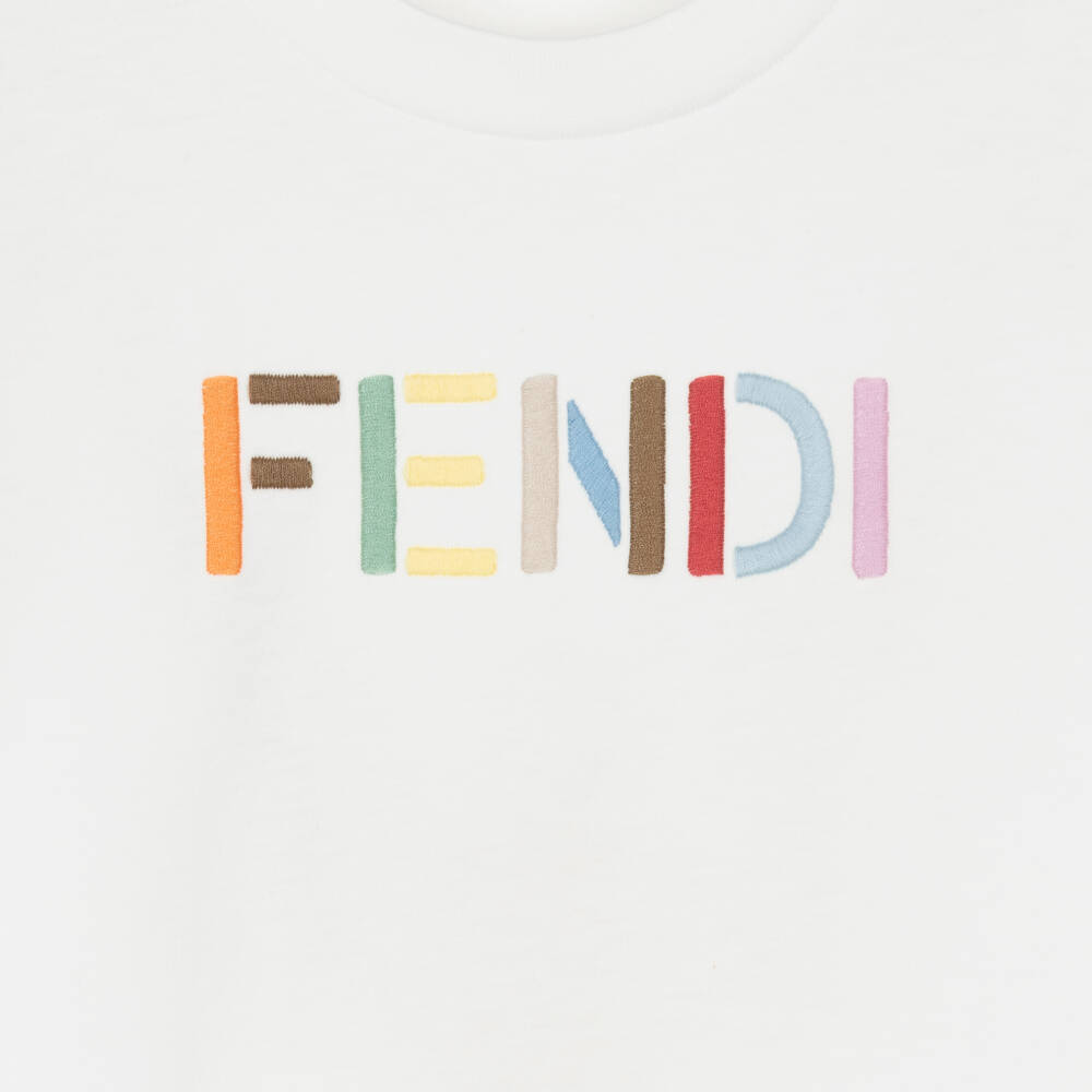 Fendi-Boys White Cotton Crew Neck T-Shirt with Colourful Logo | Childrensalon