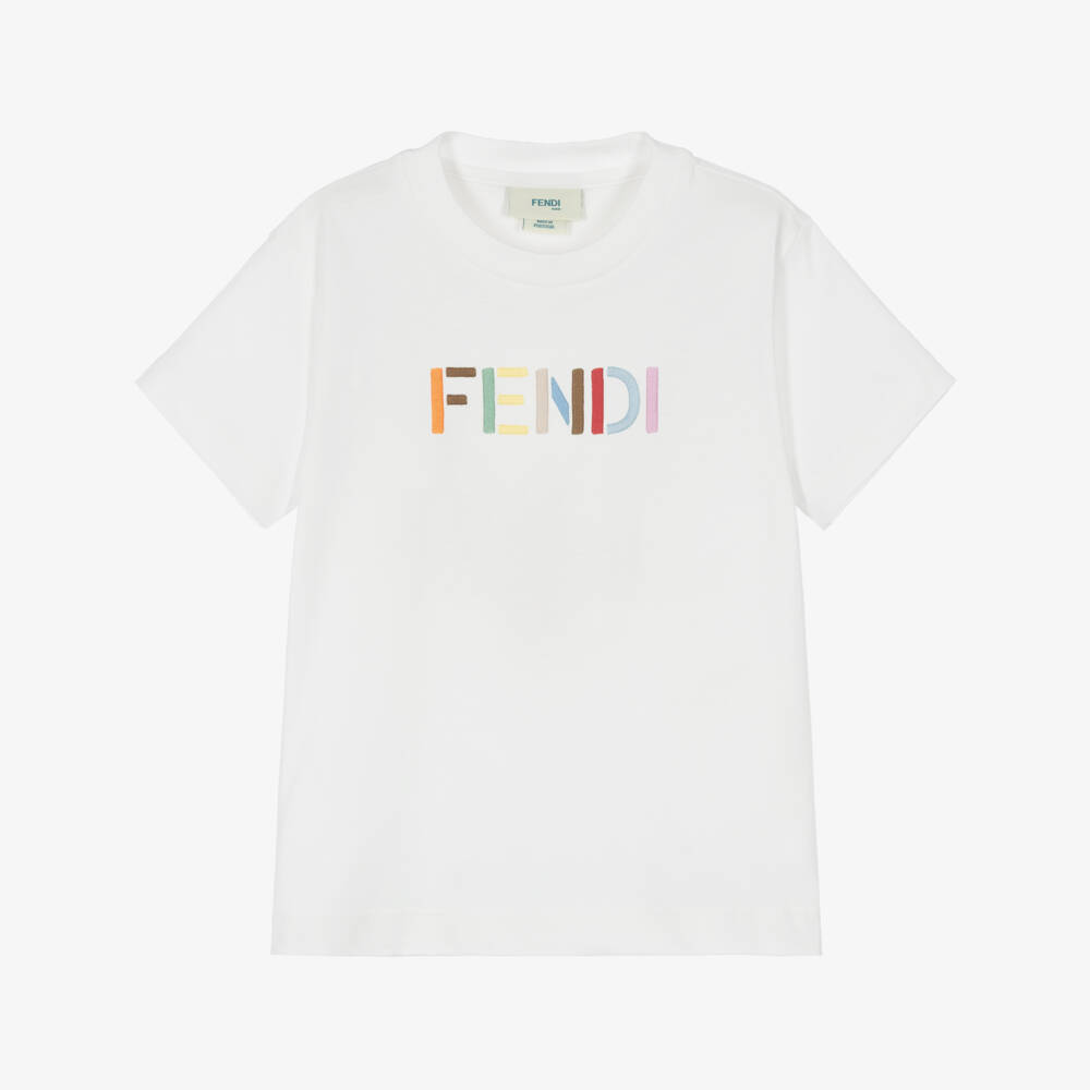 Fendi-Boys White Cotton Crew Neck T-Shirt with Colourful Logo | Childrensalon