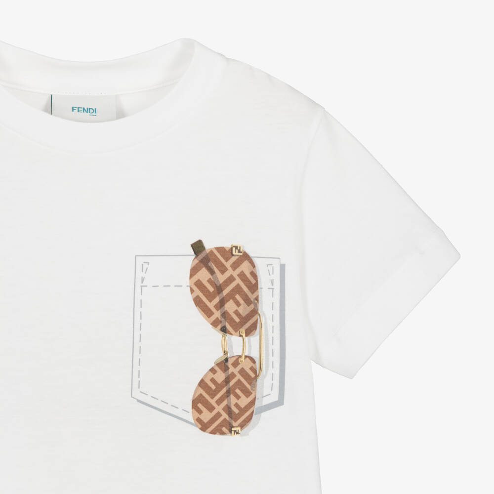 Fendi-Футболка белая из хлопкового трикотажа с принтом очков FF для мальчиков | Childrensalon