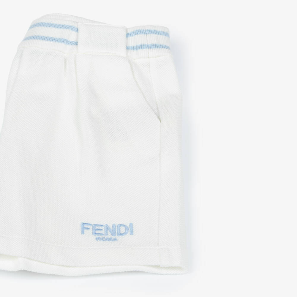 Fendi-Boys White Cotton Piqué Shorts with Blue Stripe Trim | Childrensalon