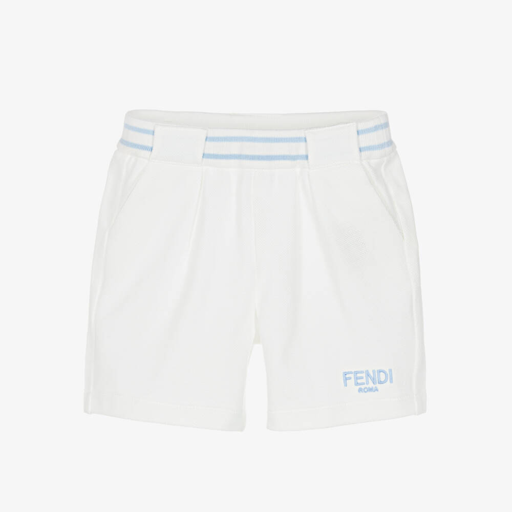 Fendi-Boys White Cotton Piqué Shorts with Blue Stripe Trim | Childrensalon