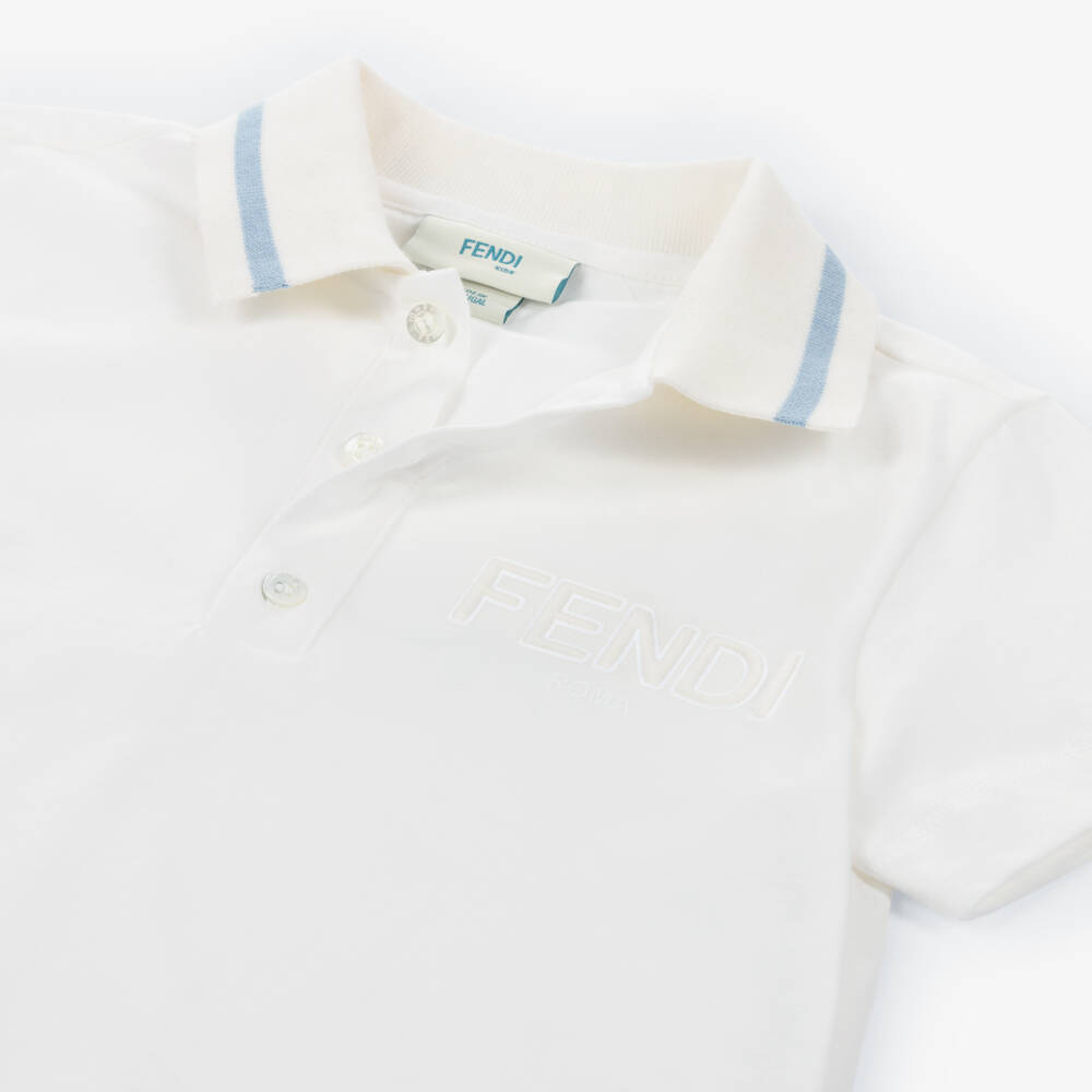 Fendi-Boys White Cotton Polo Shirt with Padded Logo | Childrensalon