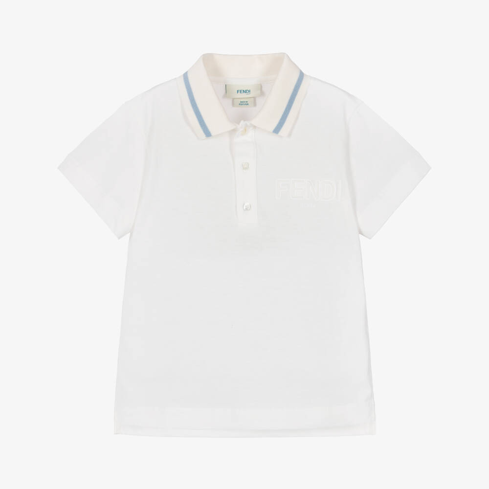Fendi-Boys White Cotton Polo Shirt with Padded Logo | Childrensalon