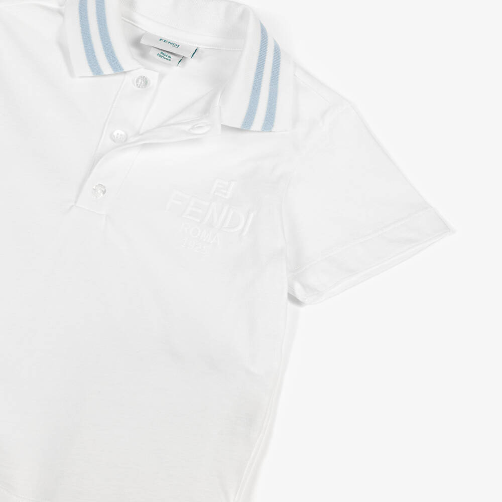 Fendi-Boys White Cotton Roma Polo Shirt with Blue Detail | Childrensalon