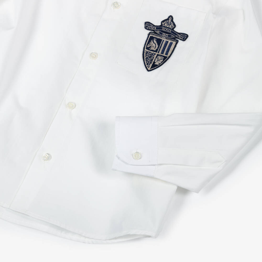 Fendi-Boys White Cotton Shirt with Navy Blue Embroidered Crest | Childrensalon