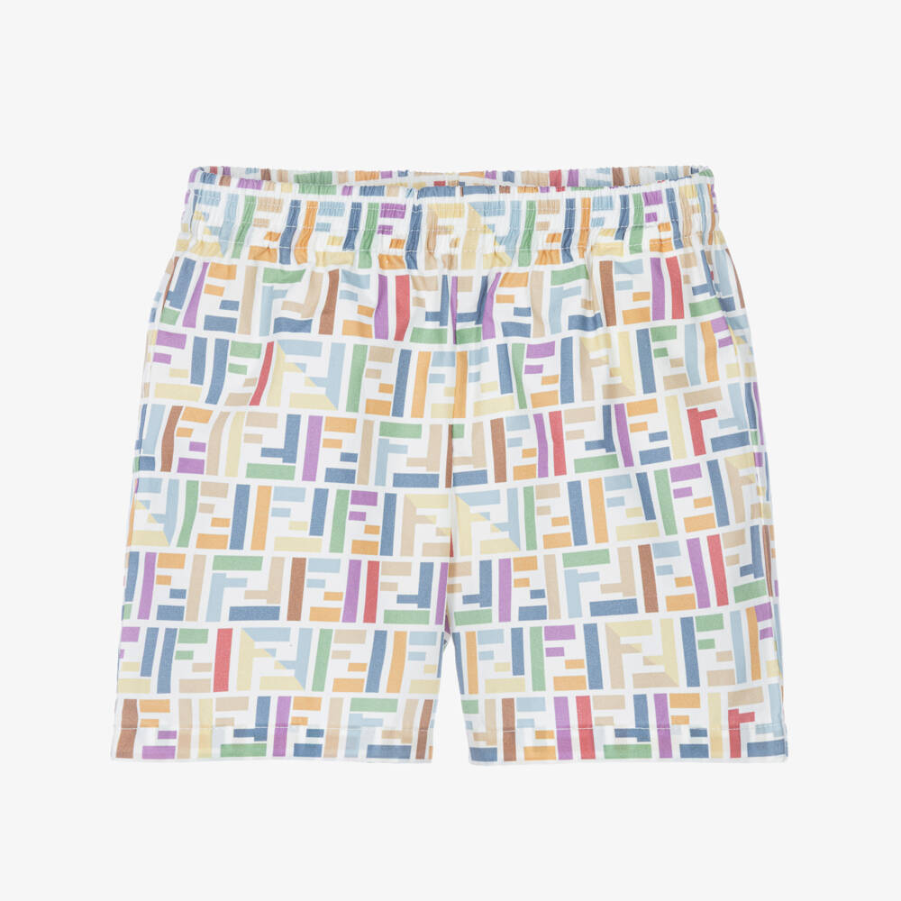 Fendi-Boys White Cotton Shorts with FF Logo Pattern | Childrensalon