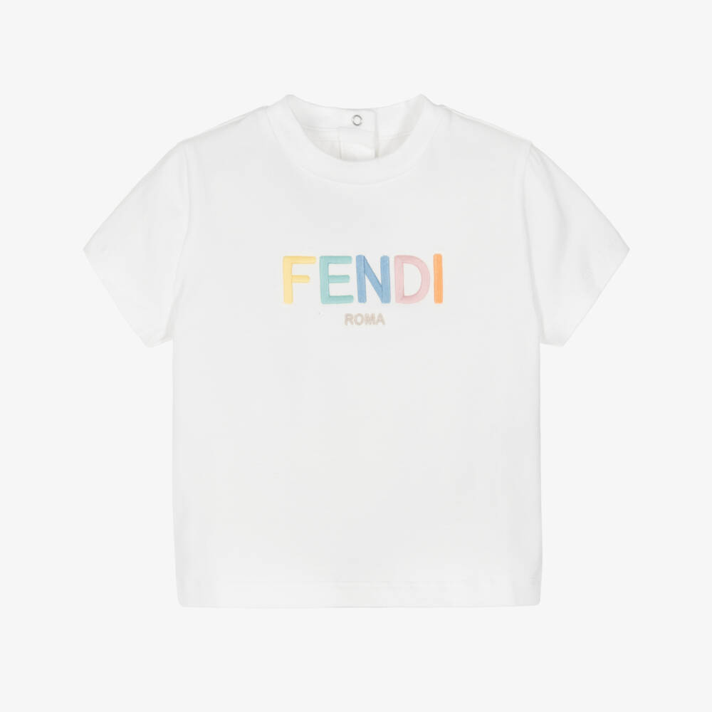 Fendi-تيشيرت قطن بشعار مطرز لون أبيض للأولاد | Childrensalon