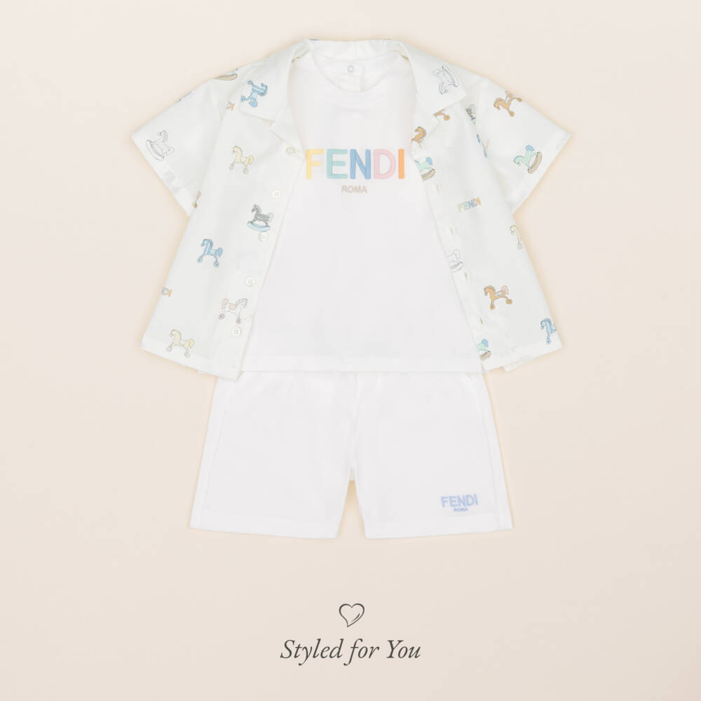 Fendi-Boys White Cotton T-Shirt with Embroidered Pastel Logo | Childrensalon