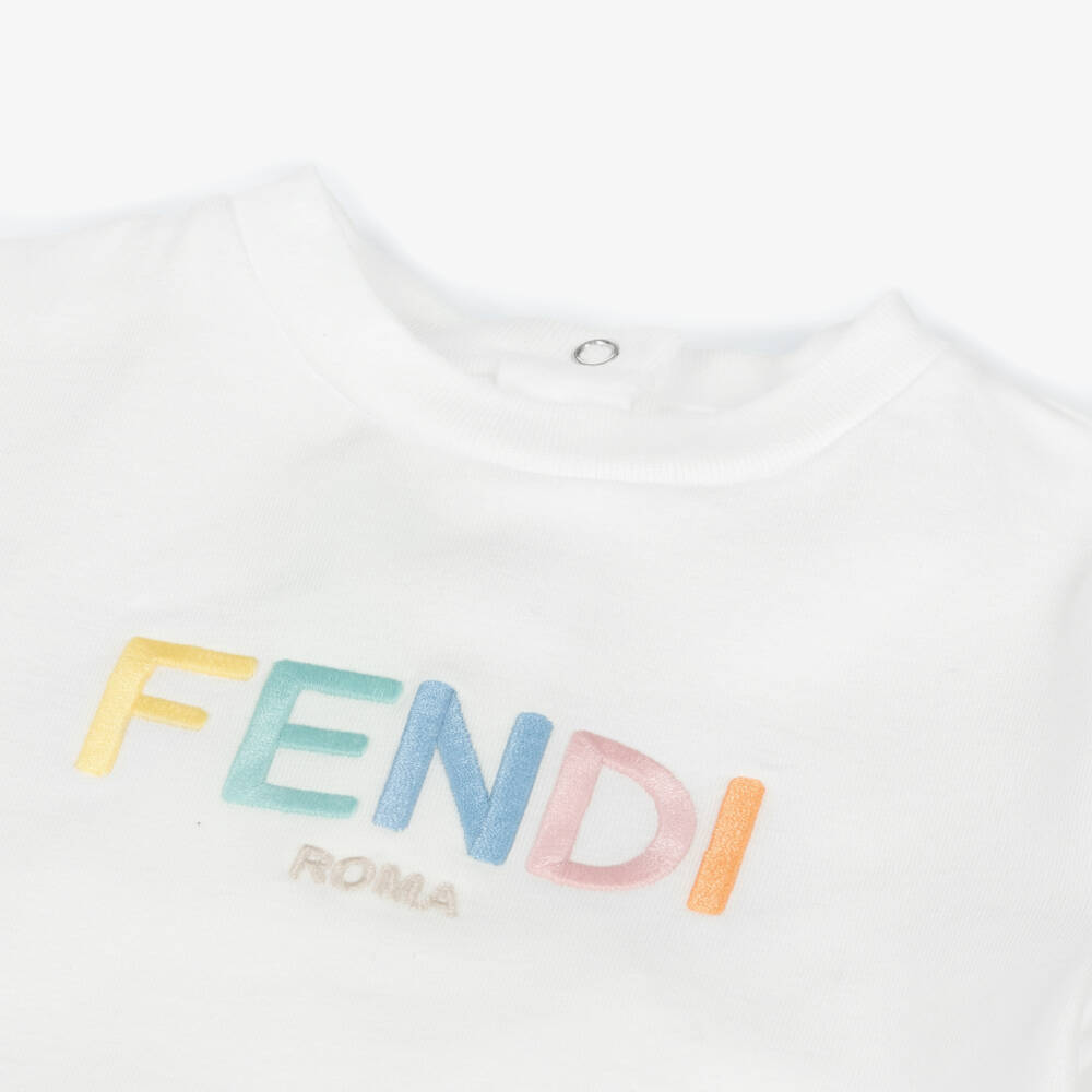Fendi-Футболка белая из хлопка с вышитым пастельным логотипом для мальчиков | Childrensalon