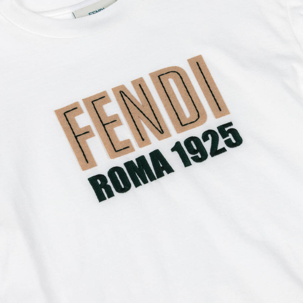 Fendi-Boys White Cotton T-Shirt with Fendi Roma Logo | Childrensalon