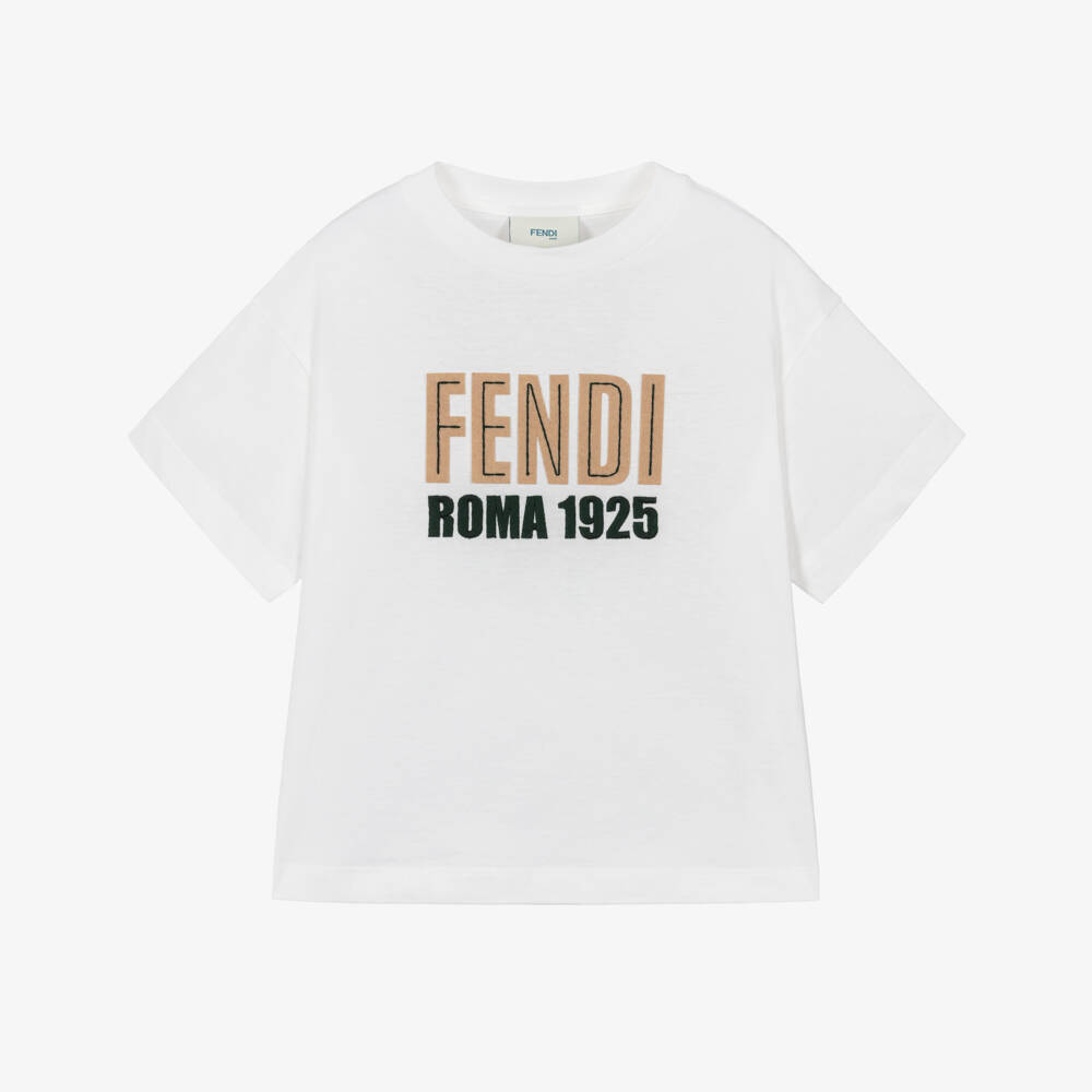 Fendi-Boys White Cotton T-Shirt with Fendi Roma Logo | Childrensalon