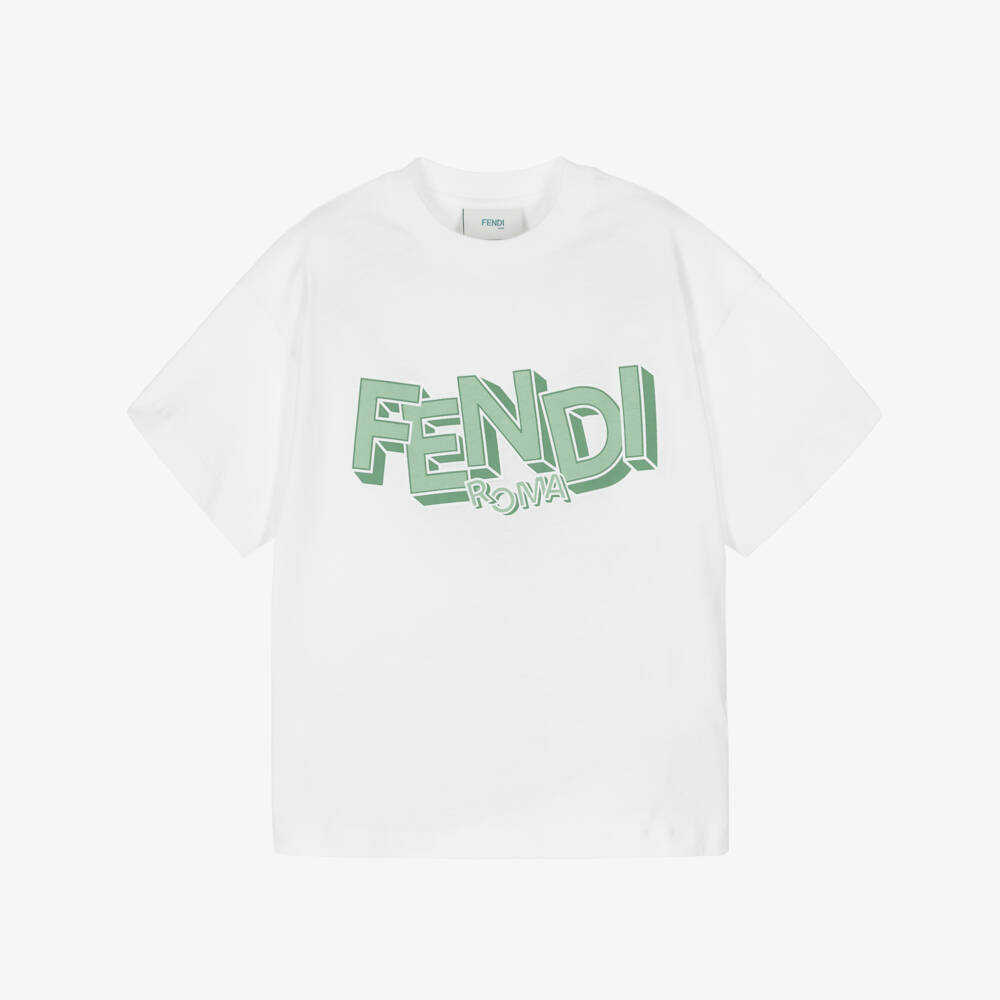 Fendi-Футболка белая из хлопка с зелёным 3D логотипом для мальчиков | Childrensalon