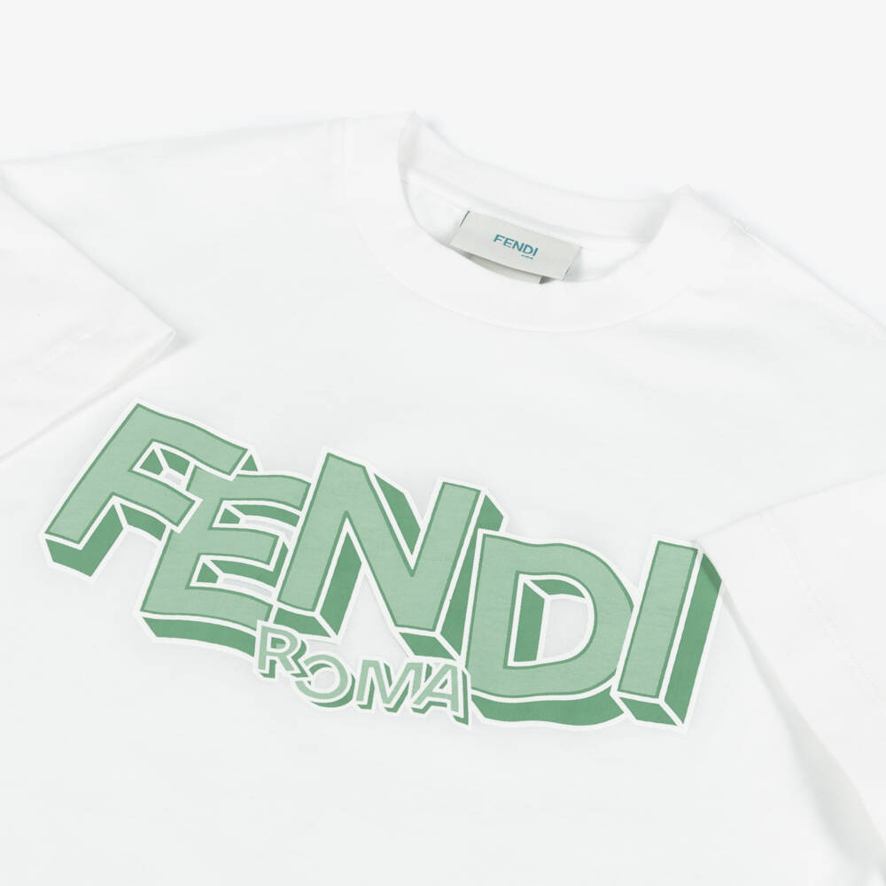 Fendi-Футболка белая из хлопка с зелёным 3D логотипом для мальчиков | Childrensalon