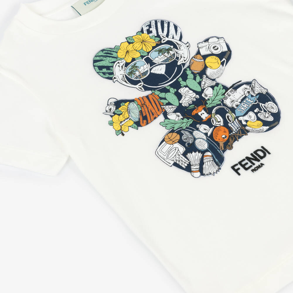 Fendi-Boys White Cotton Teddy Bear Motif T-Shirt | Childrensalon