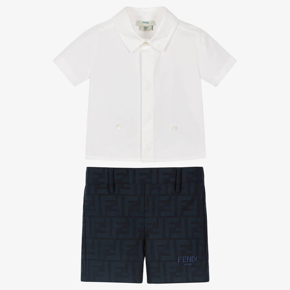 Fendi-Boys White & Navy Blue FF Logo Cotton Buster Suit | Childrensalon