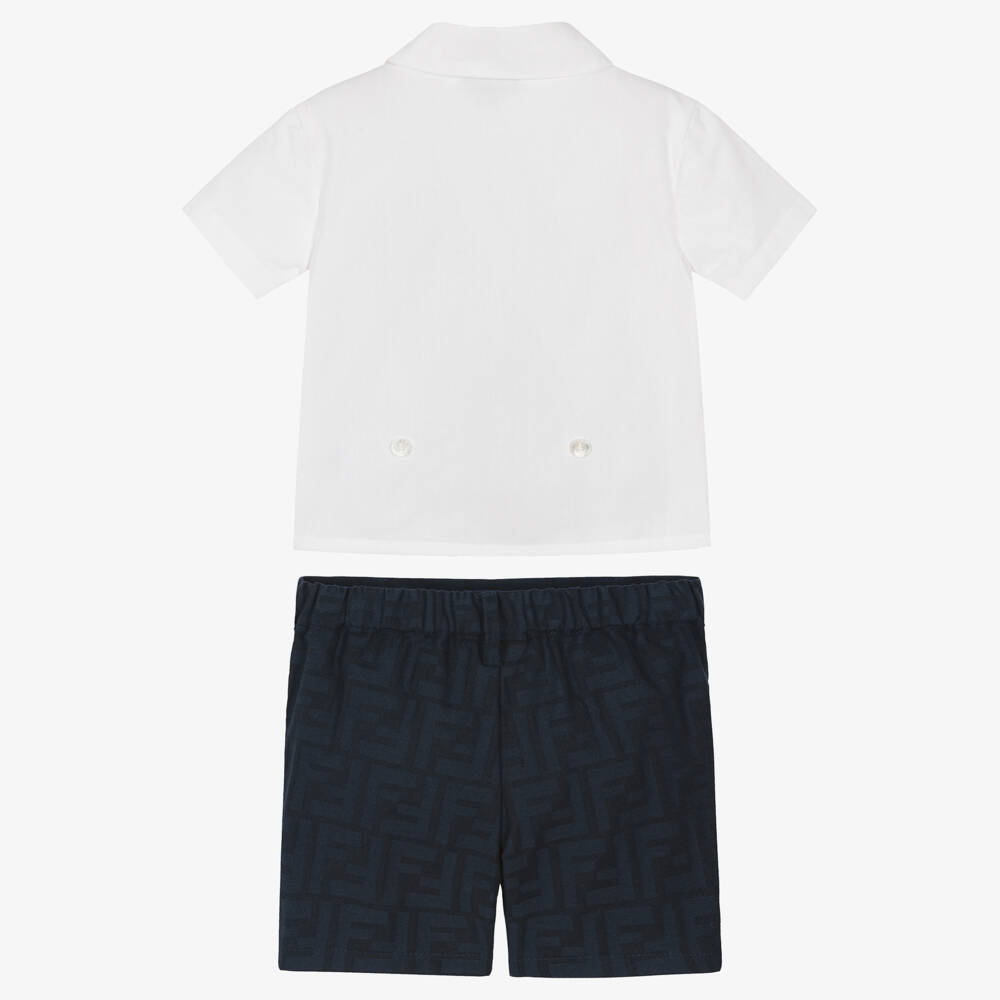 Fendi-Boys White & Navy Blue FF Logo Cotton Buster Suit | Childrensalon