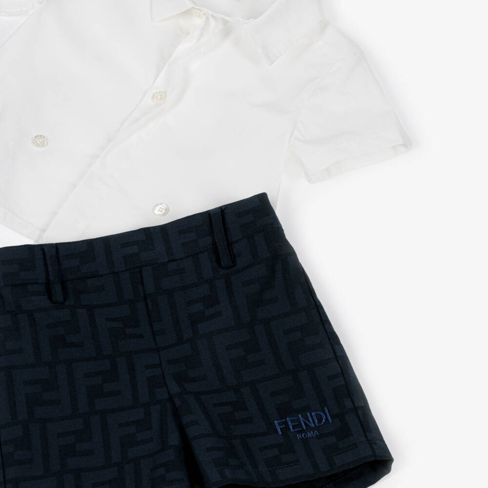 Fendi-Boys White & Navy Blue FF Logo Cotton Buster Suit | Childrensalon