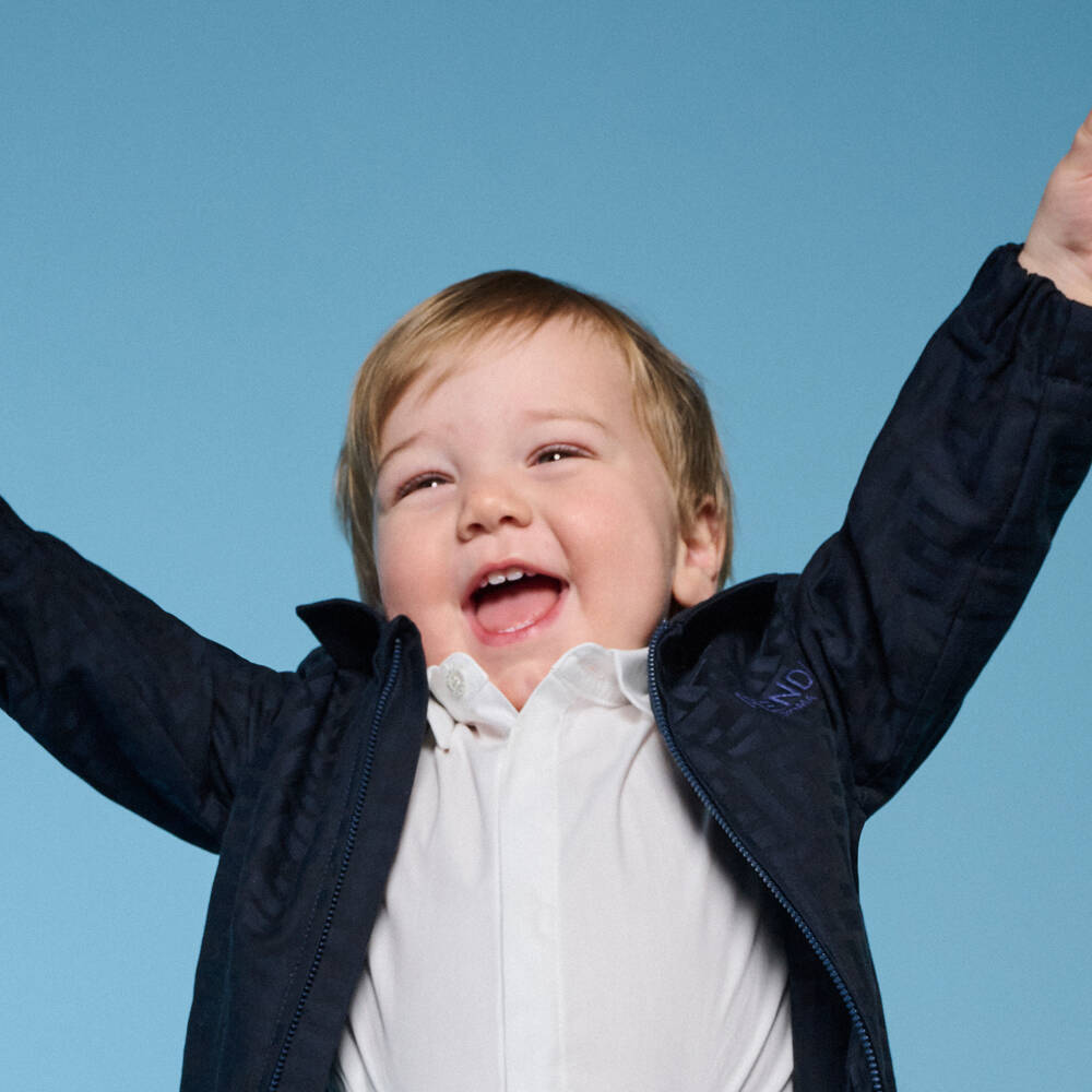 Fendi-Boys White & Navy Blue FF Logo Cotton Buster Suit | Childrensalon