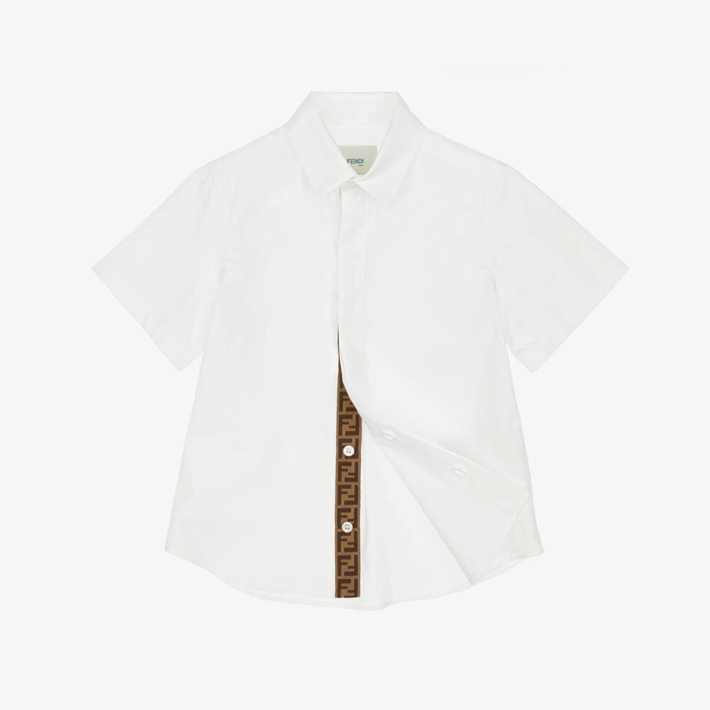 Fendi-Boys White Poplin Shirt with FF Logo Placket | Childrensalon