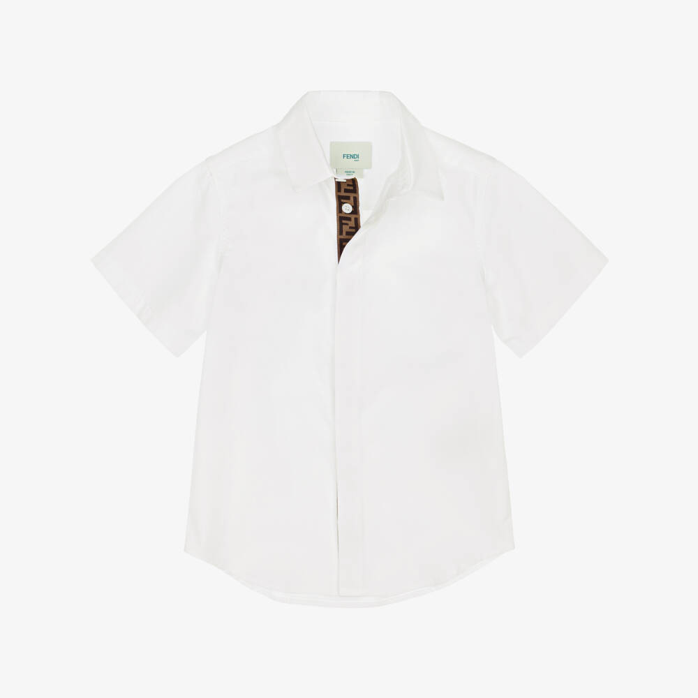 Fendi-Boys White Poplin Shirt with FF Logo Placket | Childrensalon