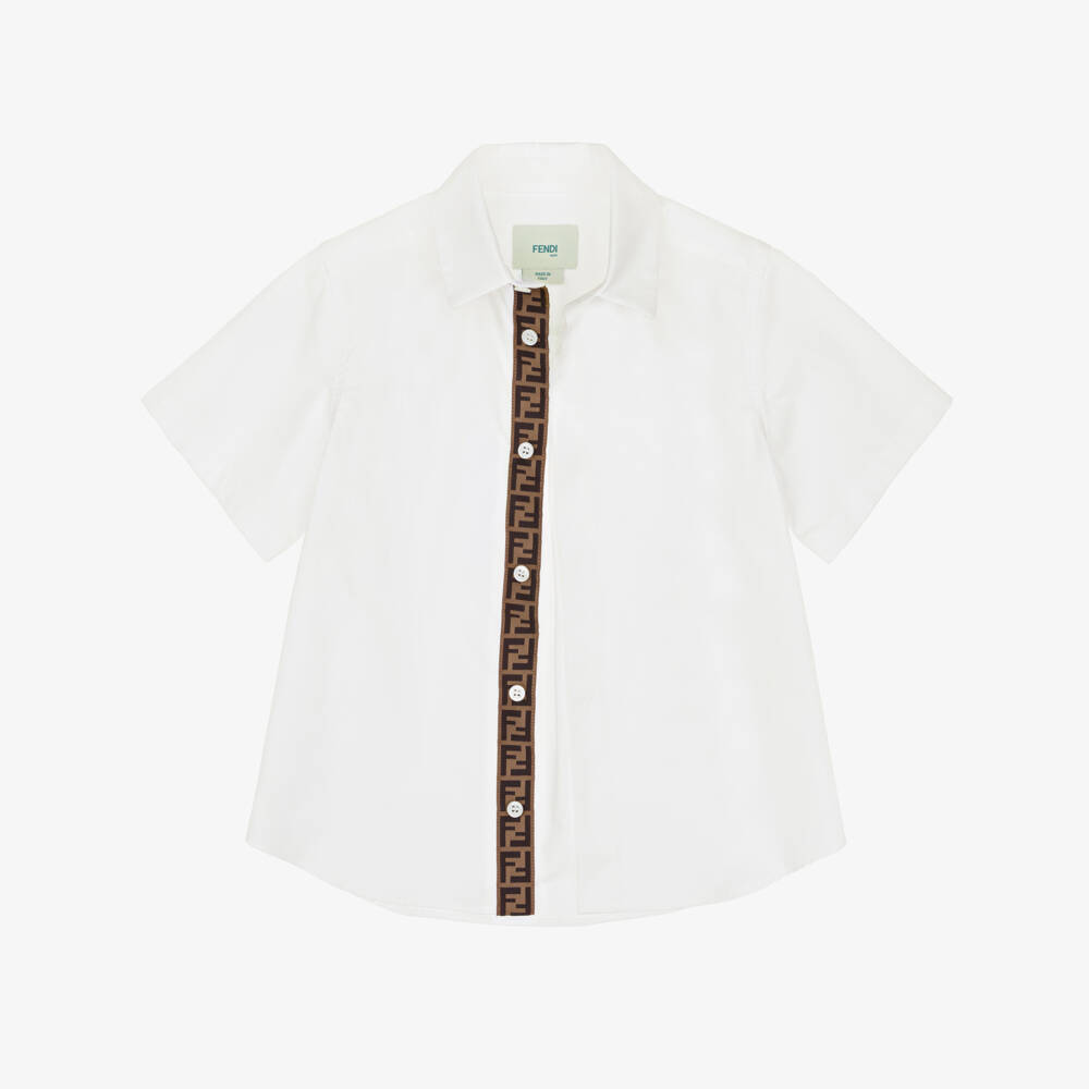 Fendi-Boys White Poplin Shirt with FF Logo Placket | Childrensalon