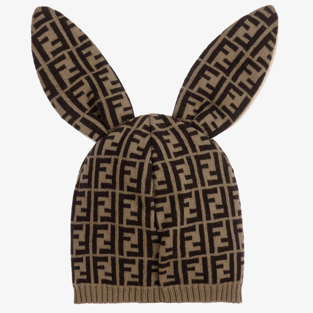 Fendi-Коричневая шапочка из хлопка и кашемира FF с ушками | Childrensalon