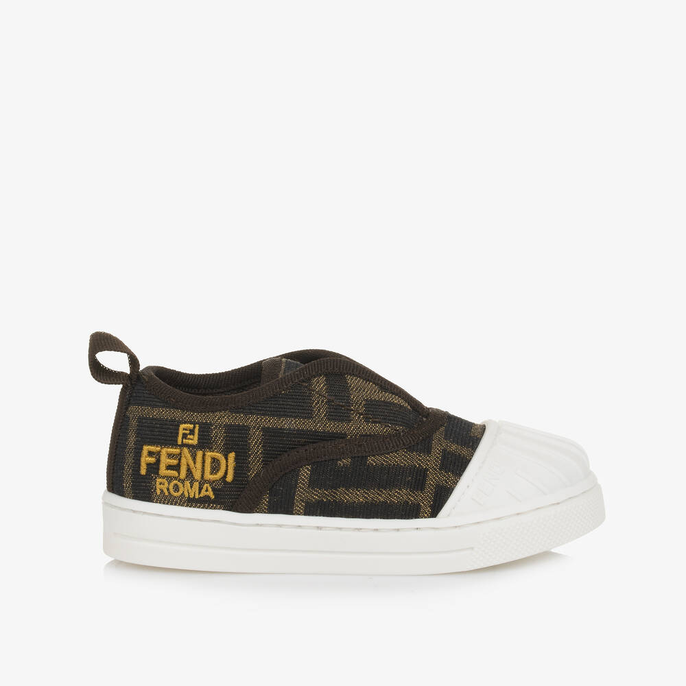 Fendi-Brown Jacquard FF Logo Trainers | Childrensalon