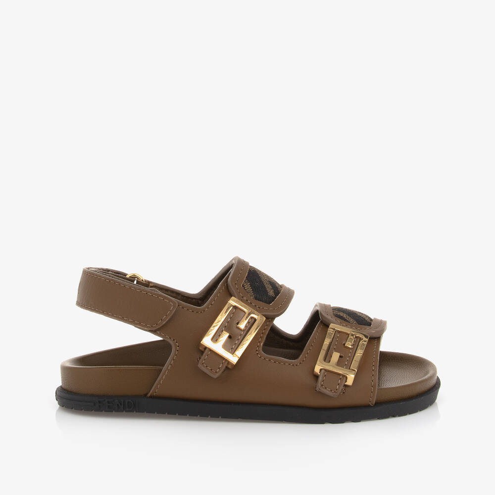 Fendi-Brown Leather FF Velcro Sandals  | Childrensalon