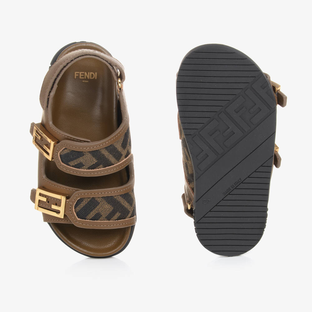 Fendi-Brown Leather FF Velcro Sandals  | Childrensalon