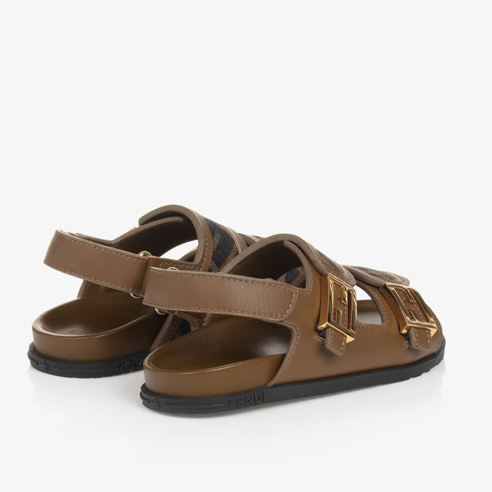 Fendi-Brown Leather FF Velcro Sandals  | Childrensalon