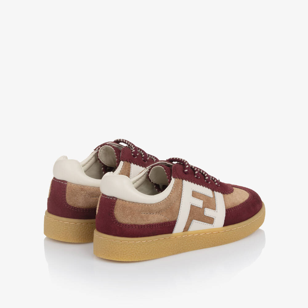 Fendi-حذاء رياضي بشعار FF جلد شامواه لون بيج وبرغندي | Childrensalon