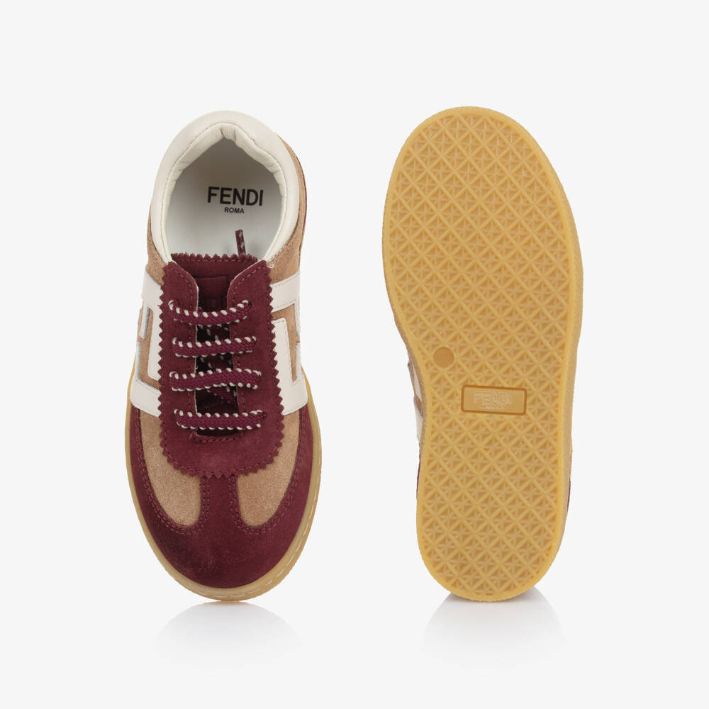 Fendi-حذاء رياضي بشعار FF جلد شامواه لون بيج وبرغندي | Childrensalon