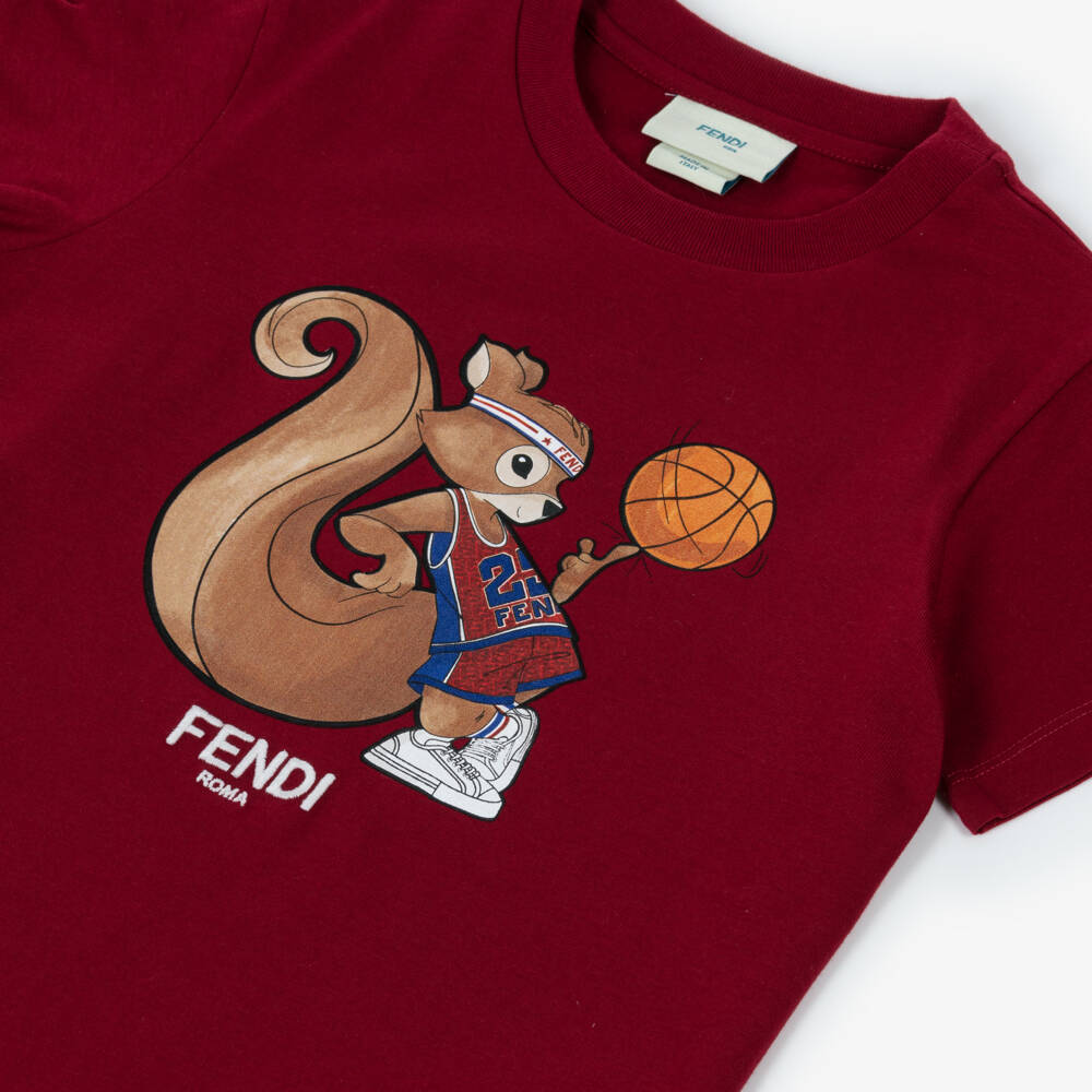 Fendi-تيشيرت بطبعة سنجاب كرة السلة لون أحمر برغندي | Childrensalon