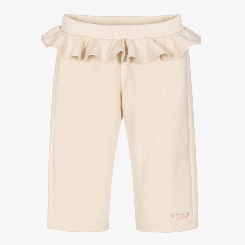 Fendi-Girls Beige Cotton Joggers with Ruffle Waist | Childrensalon