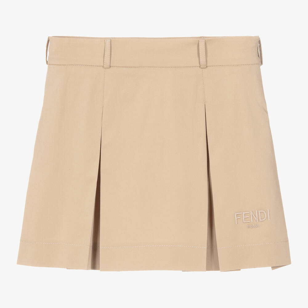 Fendi-Girls Beige Cotton Pleated Skirt | Childrensalon