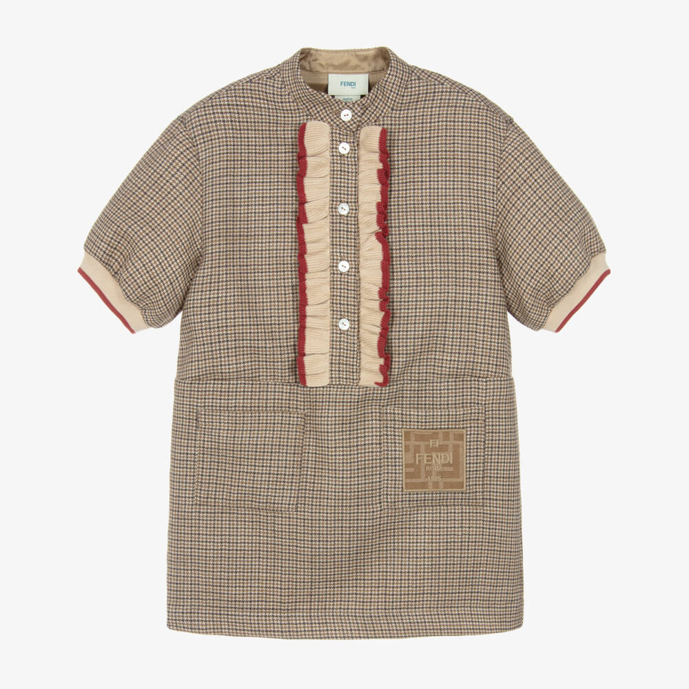 Fendi-Girls Beige Houndstooth Wool Dress | Childrensalon