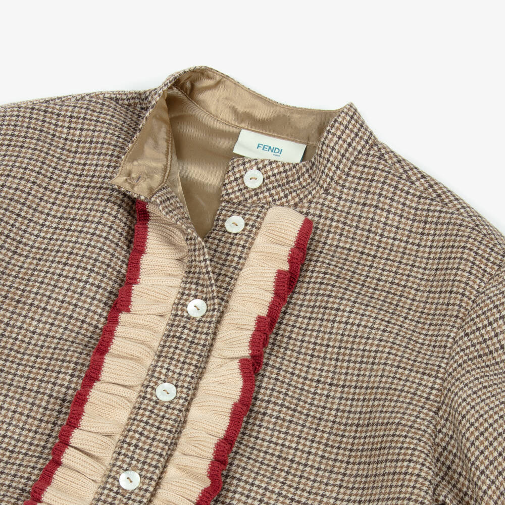 Fendi-Girls Beige Houndstooth Wool Dress | Childrensalon