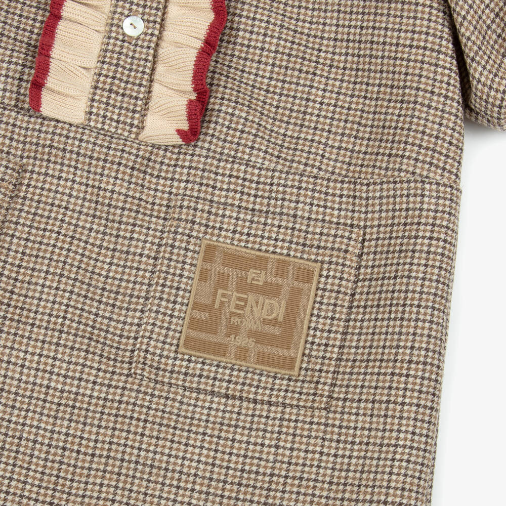 Fendi-Girls Beige Houndstooth Wool Dress | Childrensalon