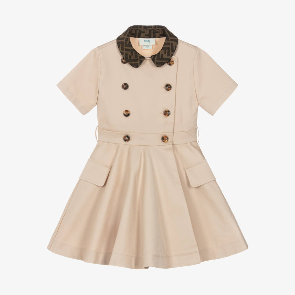 Fendi-Girls Beige Shirt Dress with FF Logo Detailing | Childrensalon