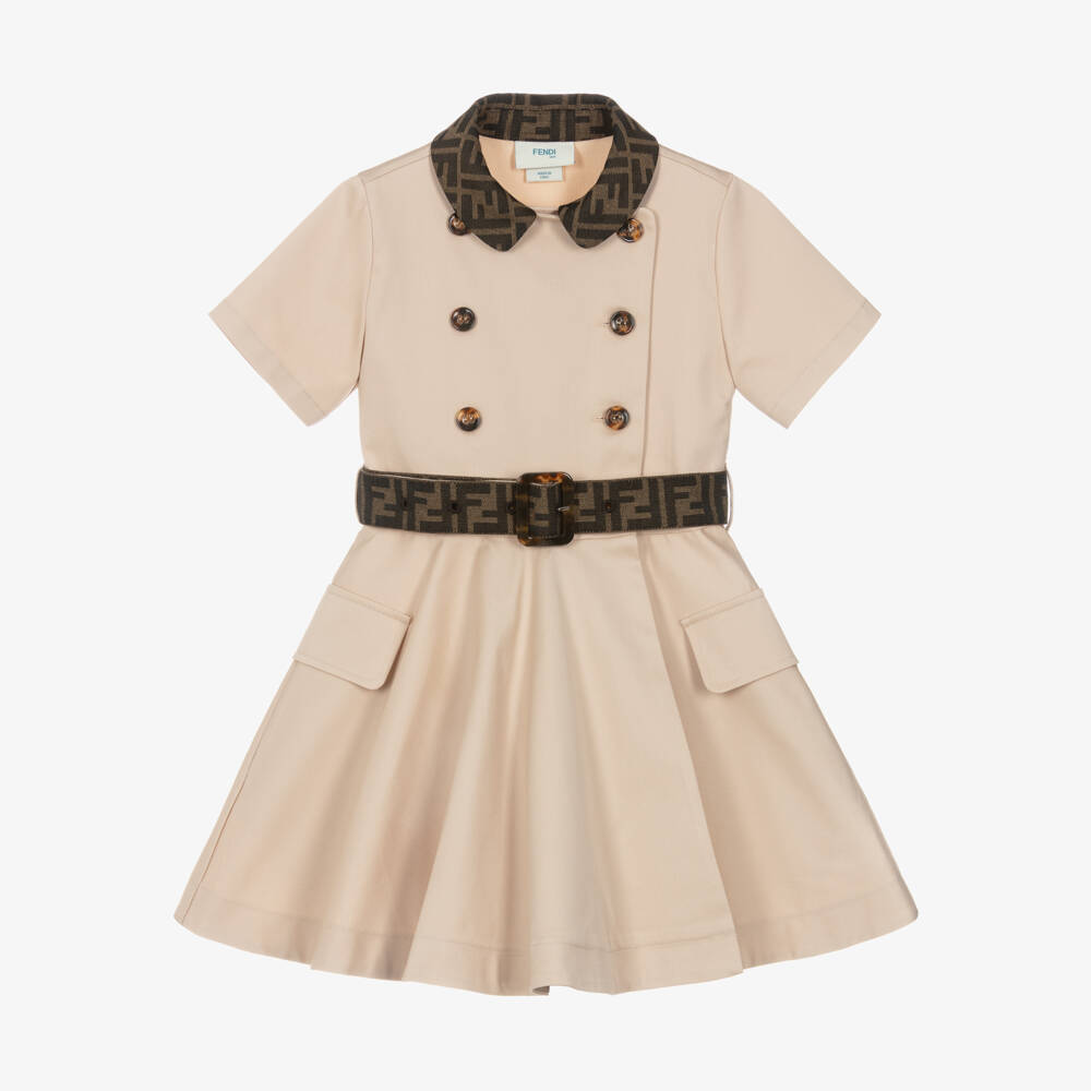 Fendi-Girls Beige Shirt Dress with FF Logo Detailing | Childrensalon