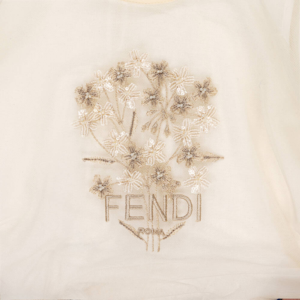 Fendi-فستان تول مطرز بورود لون بيج للبنات | Childrensalon