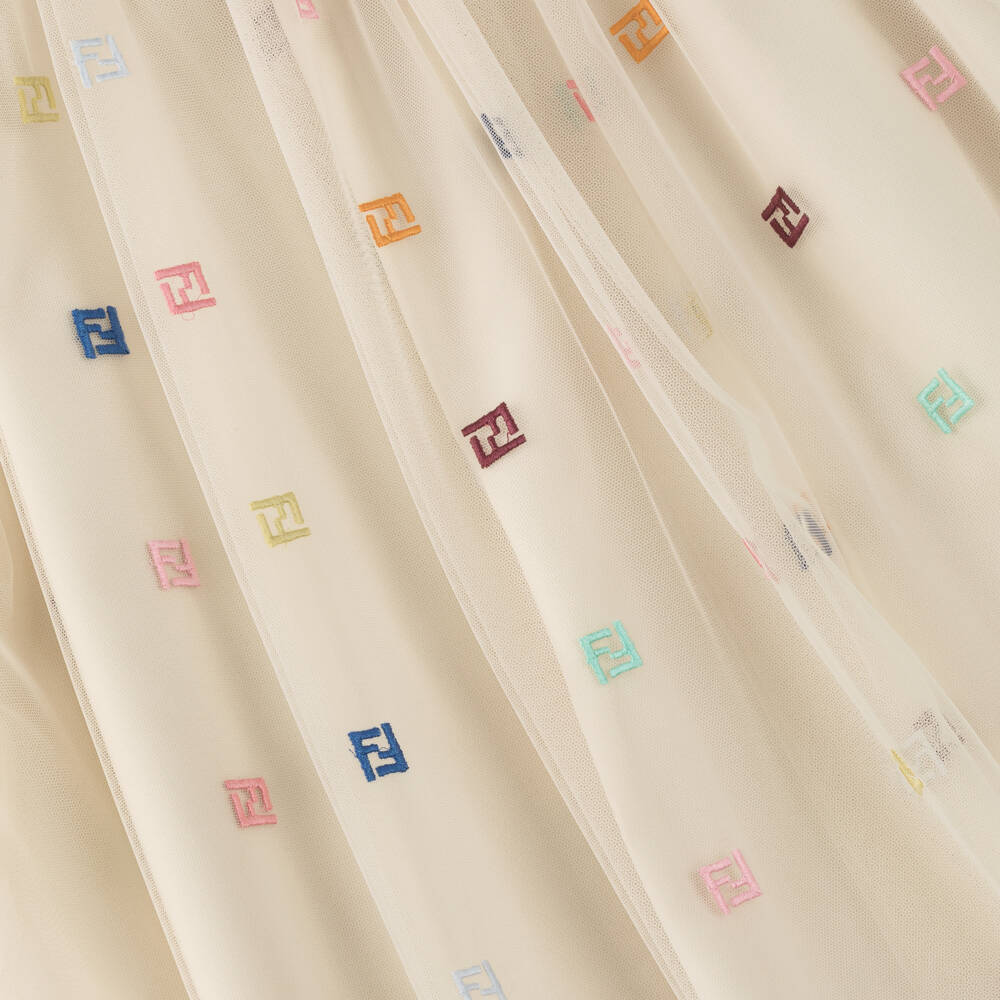 Fendi-Юбка бежевая из тюля с разноцветной вышивкой FF для девочек | Childrensalon