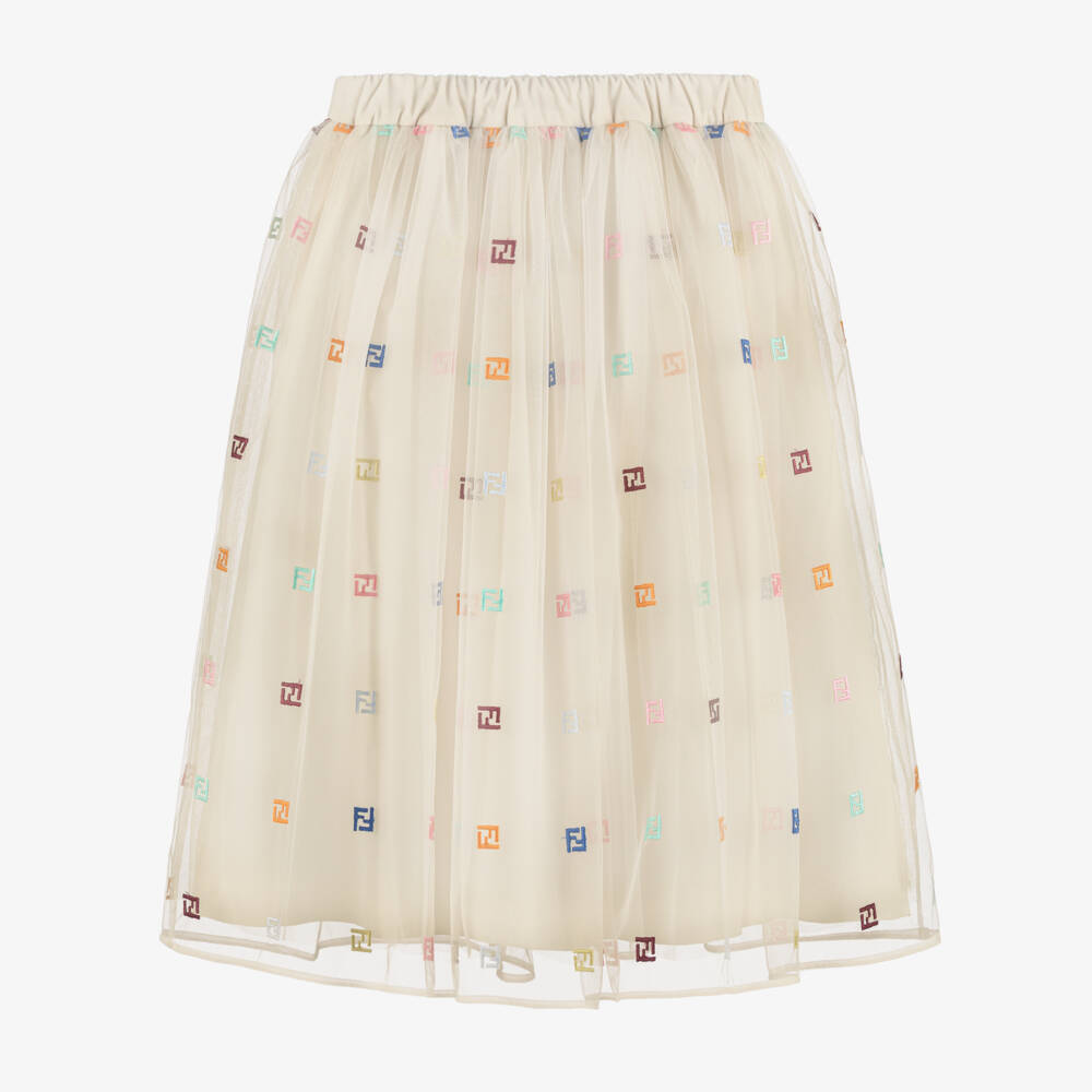 Fendi-Юбка бежевая из тюля с разноцветной вышивкой FF для девочек | Childrensalon