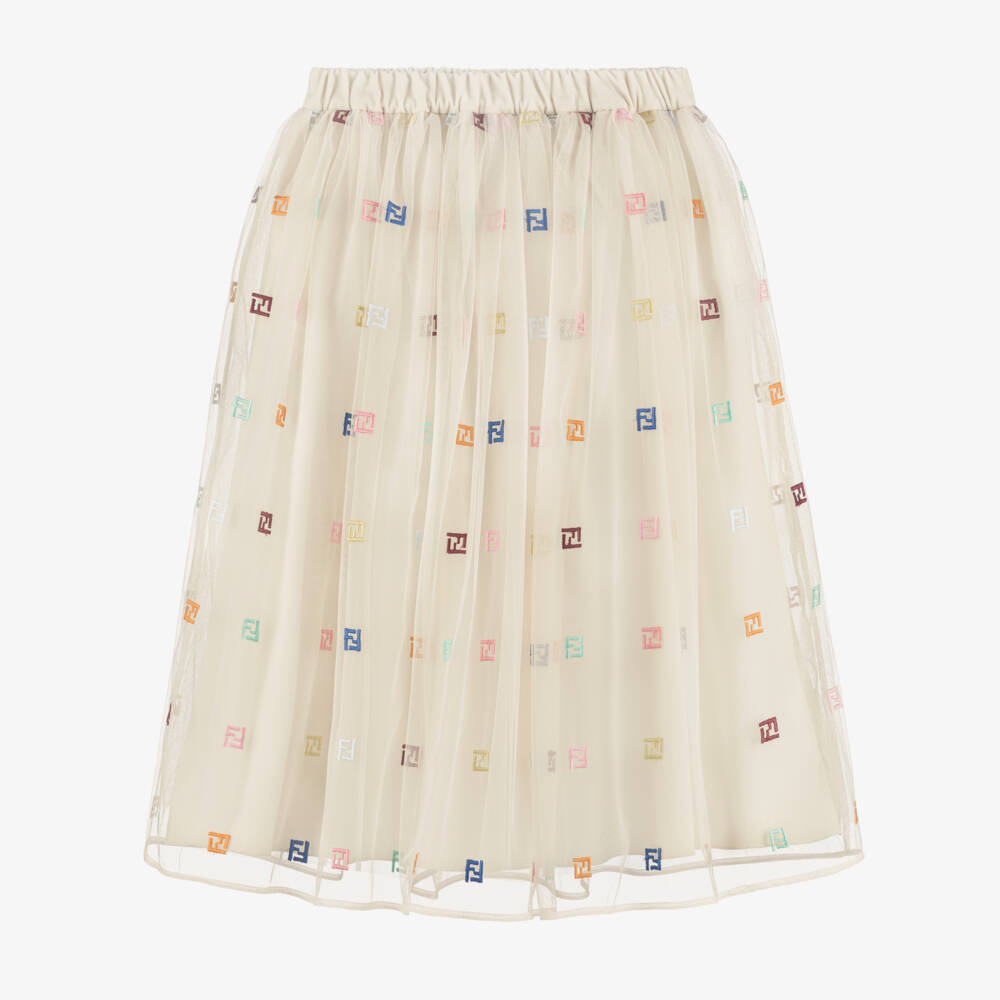 Fendi-Юбка бежевая из тюля с разноцветной вышивкой FF для девочек | Childrensalon