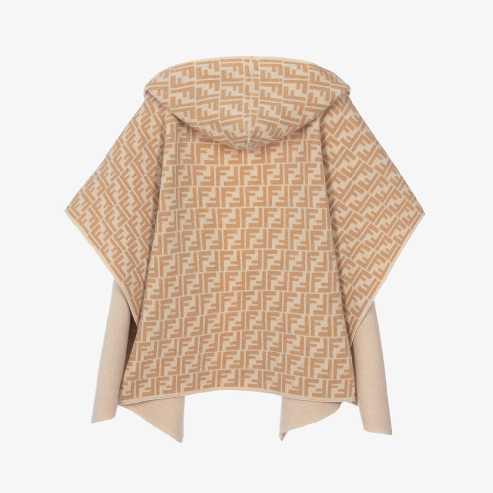 Fendi-Girls Beige Wool FF Logo Reversible Cape | Childrensalon