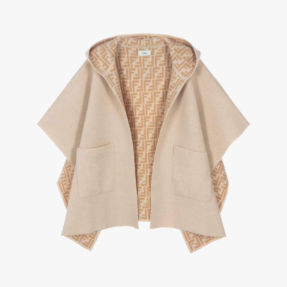 Fendi-Girls Beige Wool FF Logo Reversible Cape | Childrensalon
