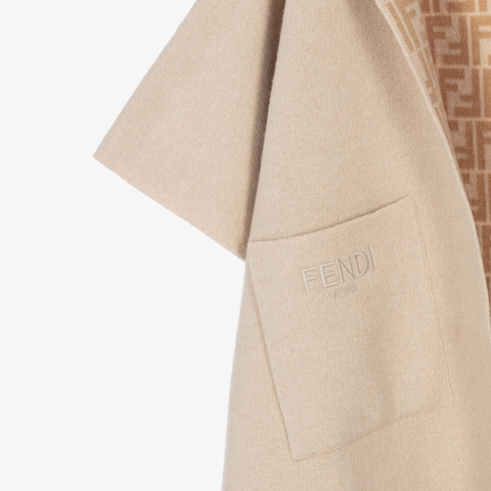 Fendi-Girls Beige Wool FF Logo Reversible Cape | Childrensalon