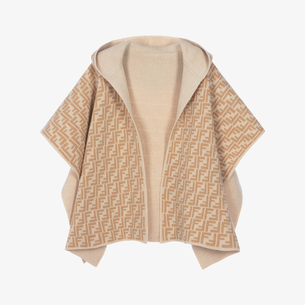 Fendi-Girls Beige Wool FF Logo Reversible Cape | Childrensalon